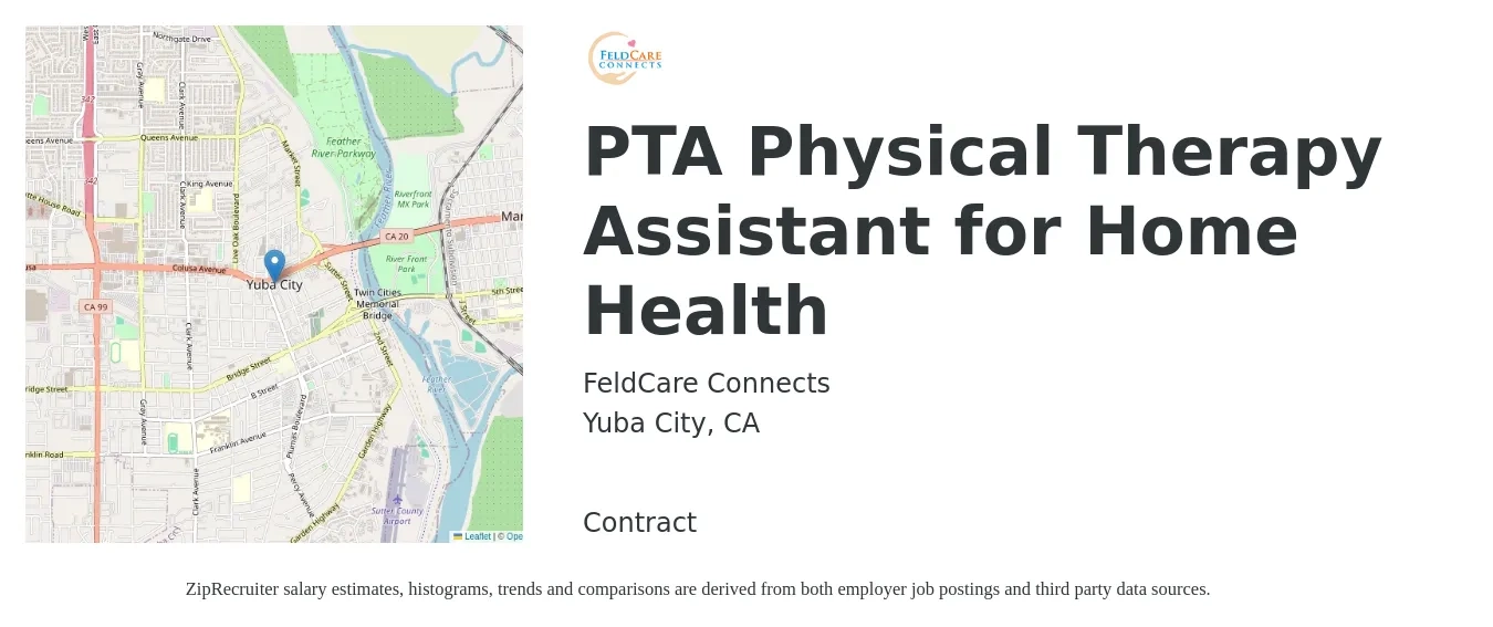 FeldCare Connects job posting for a PTA Physical Therapy Assistant for Home Health in Yuba City, CA with a salary of $30 to $39 Hourly with a map of Yuba City location.
