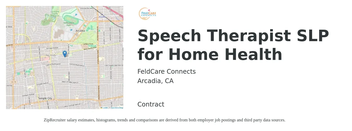 FeldCare Connects job posting for a Speech Therapist SLP for Home Health in Arcadia, CA with a salary of $41 to $55 Hourly with a map of Arcadia location.