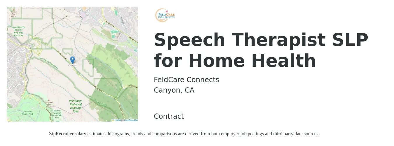 FeldCare Connects job posting for a Speech Therapist SLP for Home Health in Canyon, CA with a salary of $42 to $56 Hourly with a map of Canyon location.