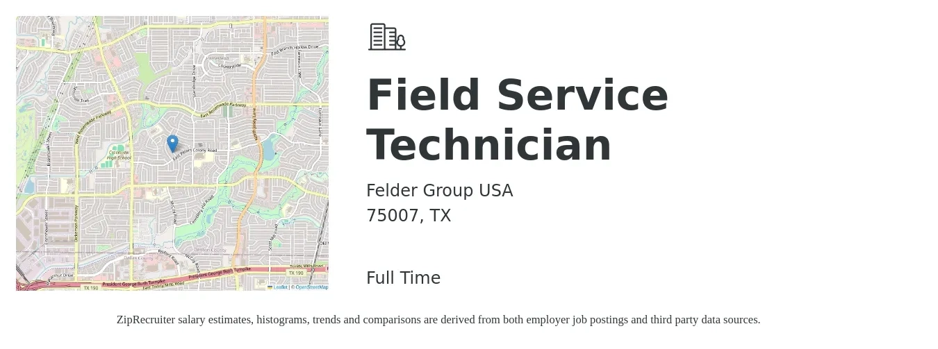 Felder Group USA job posting for a Field Service Technician in 75007, TX with a salary of $18 to $27 Hourly with a map of 75007 location.