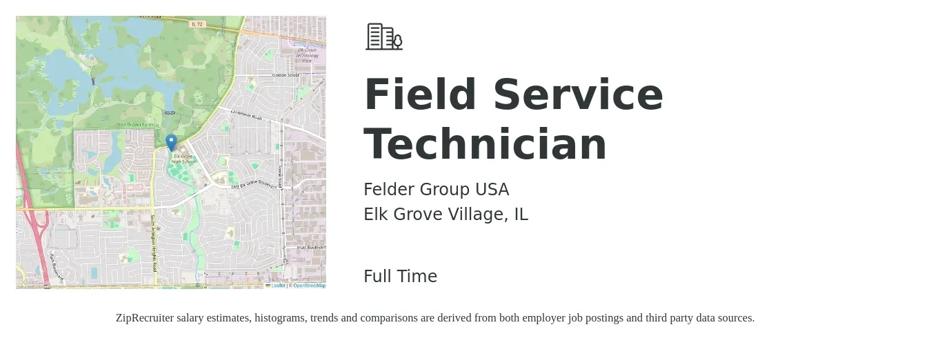 Felder Group USA job posting for a Field Service Technician in Elk Grove Village, IL with a salary of $20 to $29 Hourly with a map of Elk Grove Village location.