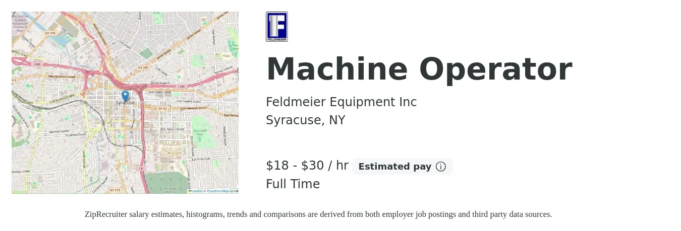 Feldmeier Equipment Inc job posting for a Machine Operator in Syracuse, NY with a salary of $19 to $32 Hourly with a map of Syracuse location.