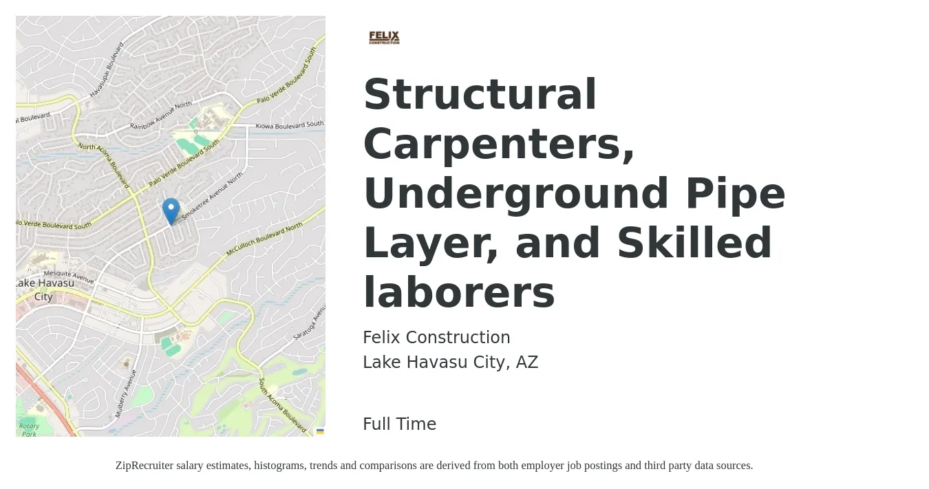 Felix Construction job posting for a Structural Carpenters, Underground Pipe Layer, and Skilled laborers in Lake Havasu City, AZ with a salary of $20 to $25 Hourly with a map of Lake Havasu City location.