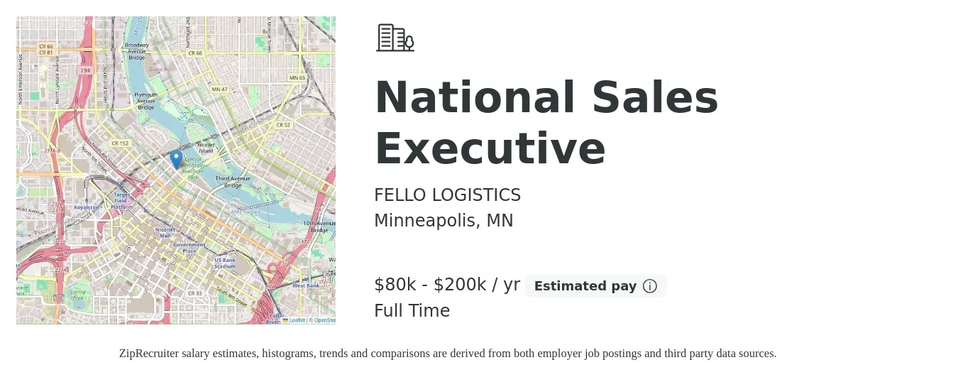 FELLO LOGISTICS job posting for a National Sales Executive in Minneapolis, MN with a salary of $80,000 to $200,000 Yearly with a map of Minneapolis location.