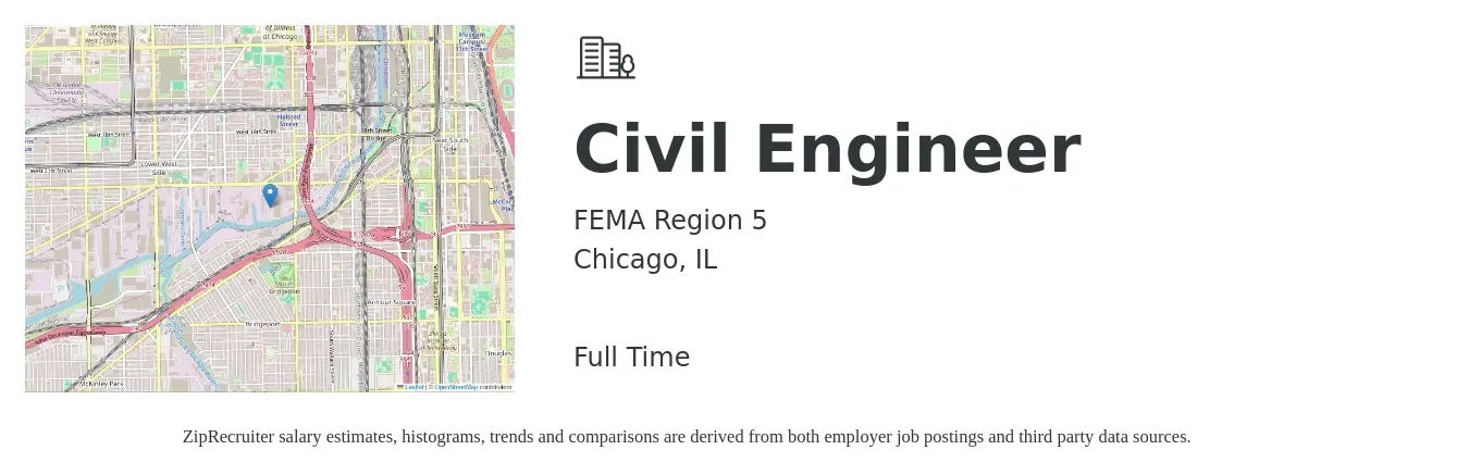 FEMA Region 5 job posting for a Civil Engineer in Chicago, IL with a salary of $69,600 to $101,600 Yearly with a map of Chicago location.