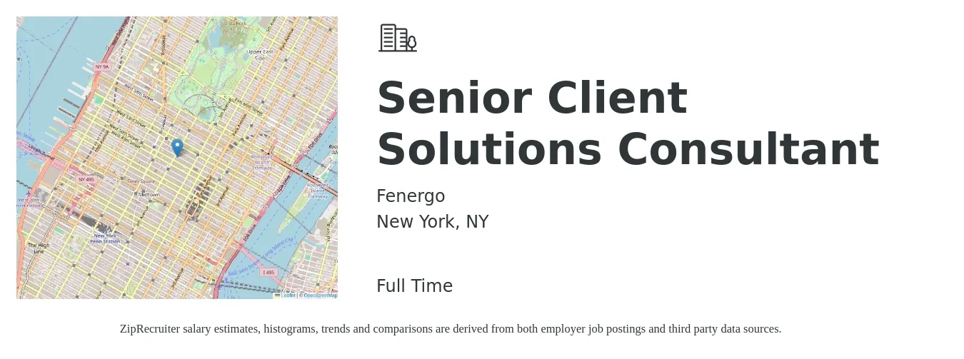 Fenergo job posting for a Senior Client Solutions Consultant in New York, NY with a salary of $58 to $102 Hourly with a map of New York location.