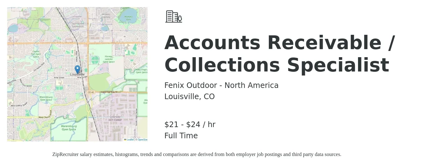 Fenix Outdoor - North America job posting for a Accounts Receivable / Collections Specialist in Louisville, CO with a salary of $22 to $25 Hourly with a map of Louisville location.