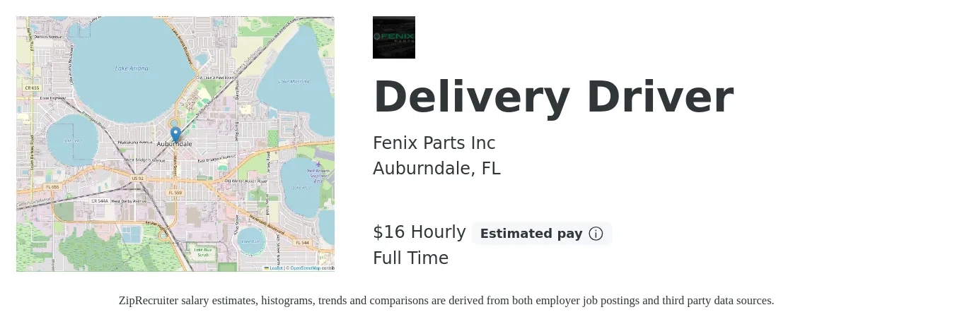 Fenix Parts Inc job posting for a Delivery Driver in Auburndale, FL with a salary of $17 Hourly with a map of Auburndale location.