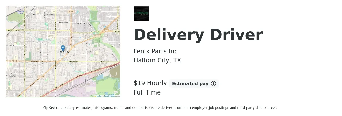 Fenix Parts Inc job posting for a Delivery Driver in Haltom City, TX with a salary of $20 Hourly with a map of Haltom City location.
