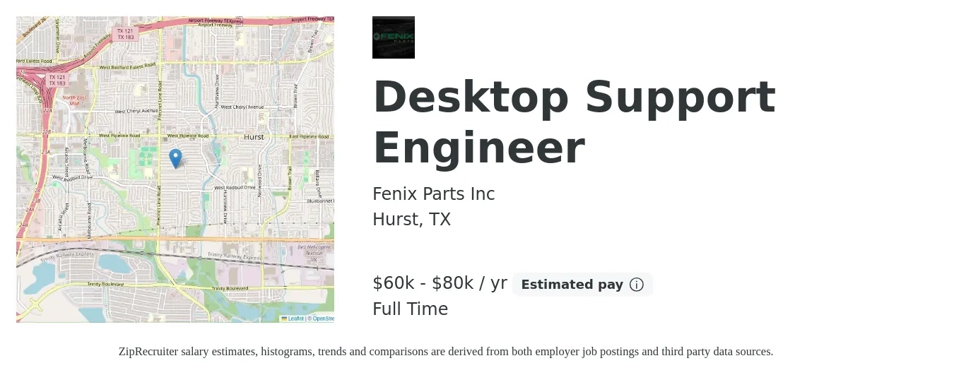 Fenix Parts Inc job posting for a Desktop Support Engineer in Hurst, TX with a salary of $60,000 to $80,000 Yearly with a map of Hurst location.