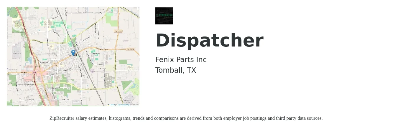 Fenix Parts Inc job posting for a Dispatcher in Tomball, TX with a salary of $45,000 to $60,000 Yearly with a map of Tomball location.