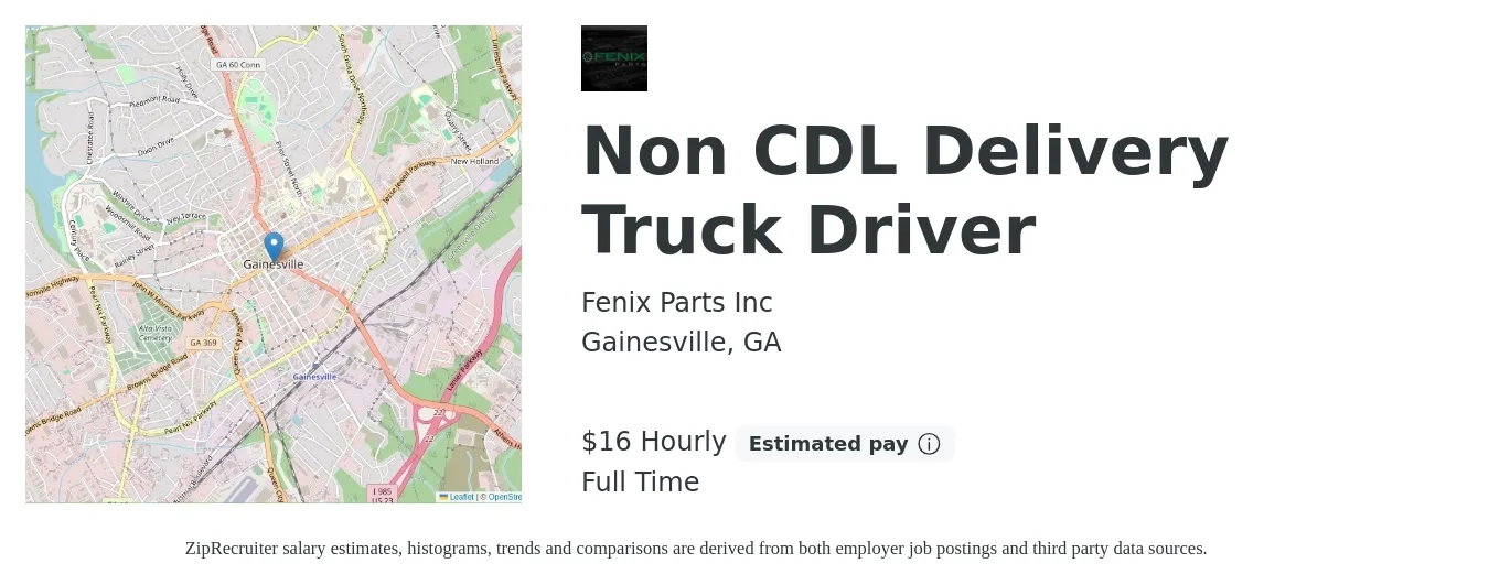 Fenix Parts Inc job posting for a Non CDL Delivery Truck Driver in Gainesville, GA with a salary of $17 Hourly with a map of Gainesville location.