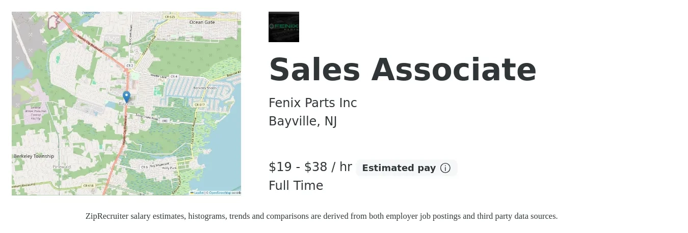 Fenix Parts Inc job posting for a Sales Associate in Bayville, NJ with a salary of $20 to $40 Hourly with a map of Bayville location.