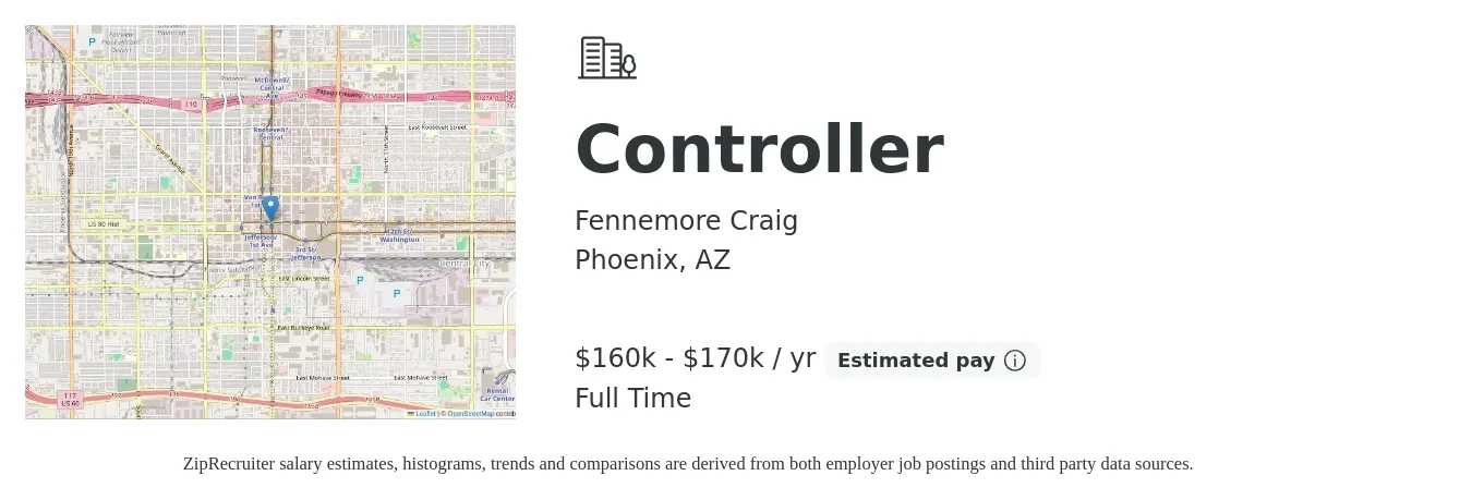 Fennemore Craig job posting for a Controller in Phoenix, AZ with a salary of $160,000 to $170,000 Yearly with a map of Phoenix location.