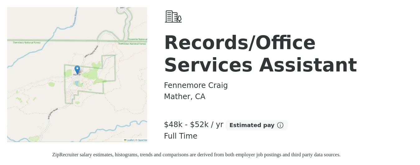 Fennemore Craig job posting for a Records/Office Services Assistant in Mather, CA with a salary of $48,000 to $52,000 Yearly with a map of Mather location.