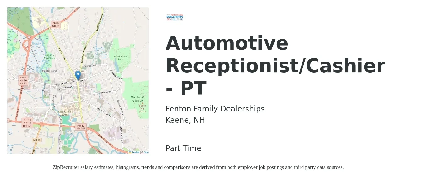 Fenton Family Dealerships job posting for a Automotive Receptionist/Cashier - PT in Keene, NH with a salary of $15 to $20 Hourly with a map of Keene location.