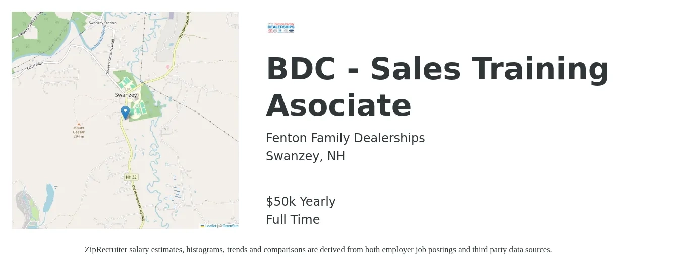 Fenton Family Dealerships job posting for a BDC - Sales Training Asociate in Swanzey, NH with a salary of $50,000 Yearly with a map of Swanzey location.