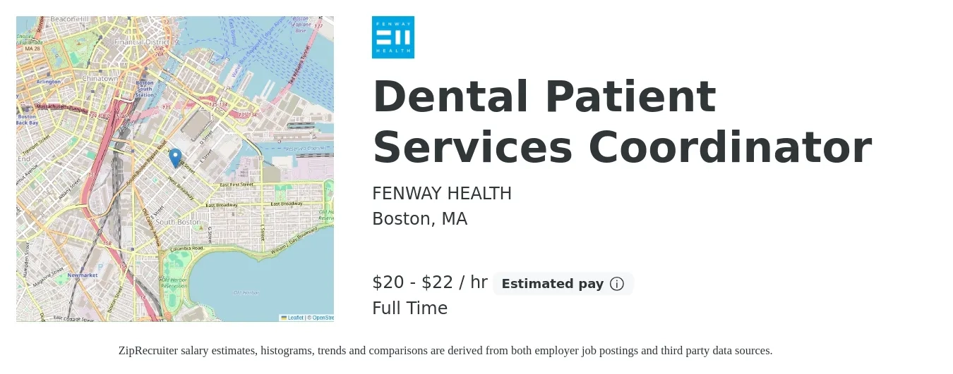 Fenway Health job posting for a Dental Patient Services Coordinator in Boston, MA with a salary of $22 to $24 Hourly with a map of Boston location.