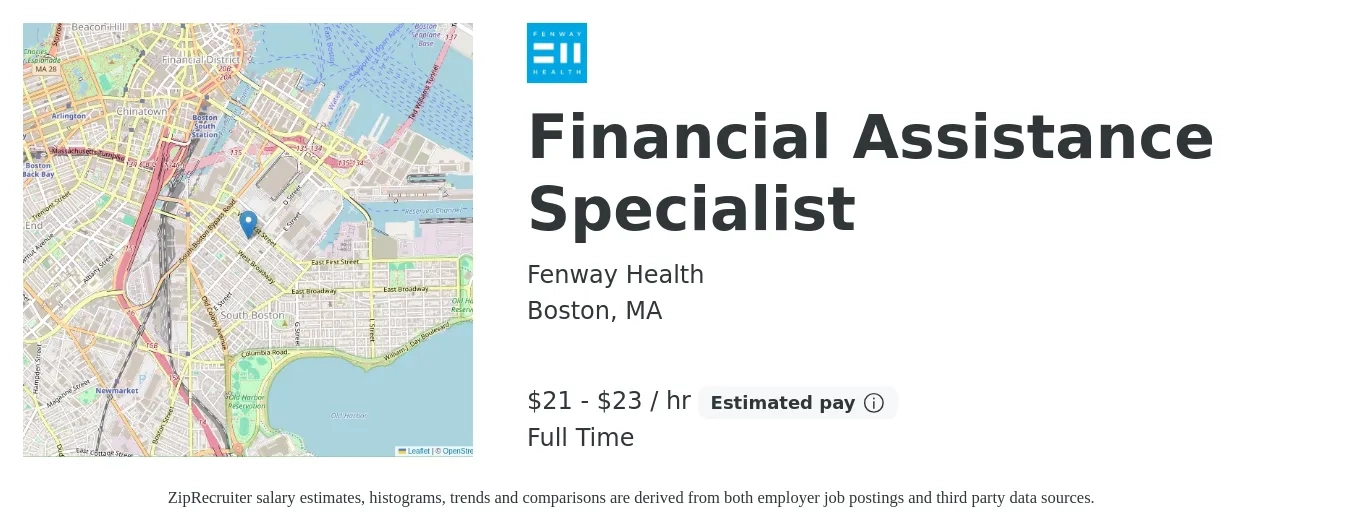 Fenway Health job posting for a Financial Assistance Specialist in Boston, MA with a salary of $23 to $25 Hourly with a map of Boston location.