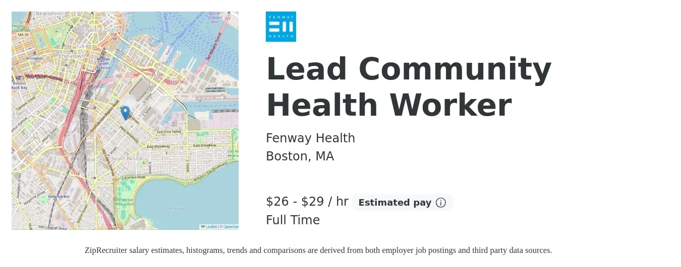 Fenway Health job posting for a Lead Community Health Worker in Boston, MA with a salary of $27 to $31 Hourly with a map of Boston location.