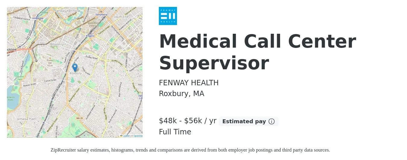 Fenway Health job posting for a Medical Call Center Supervisor in Roxbury, MA with a salary of $48,600 to $56,100 Yearly with a map of Roxbury location.