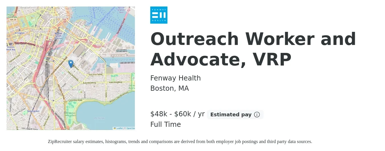 Fenway Health job posting for a Outreach Worker and Advocate, VRP in Boston, MA with a salary of $48,000 to $60,000 Yearly with a map of Boston location.