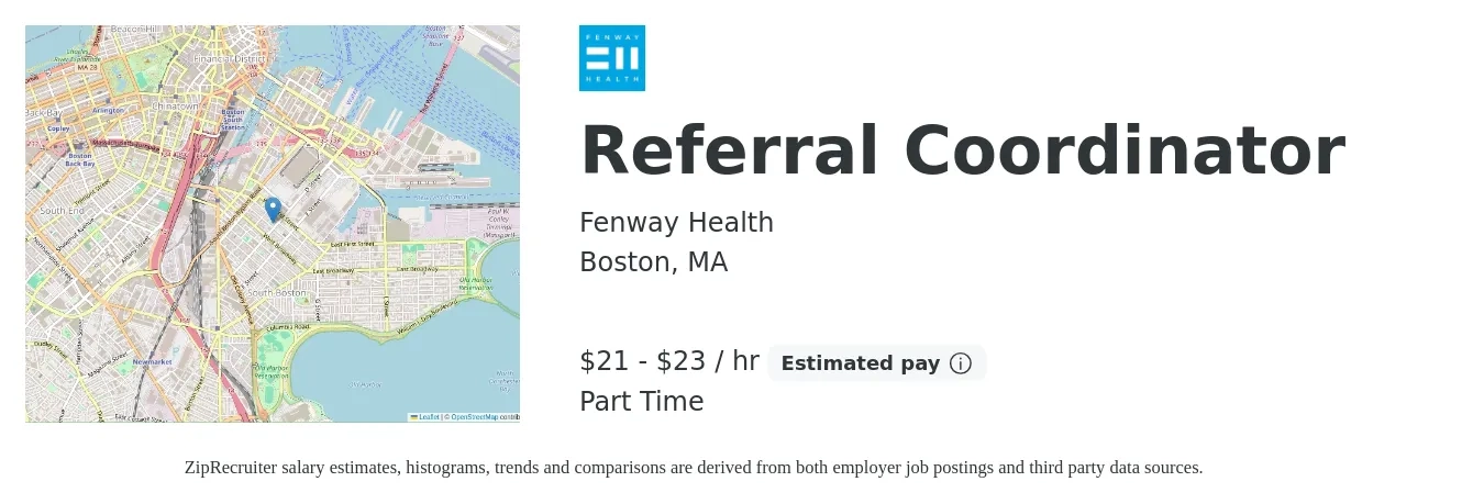 Fenway Health job posting for a Referral Coordinator in Boston, MA with a salary of $23 to $25 Hourly with a map of Boston location.