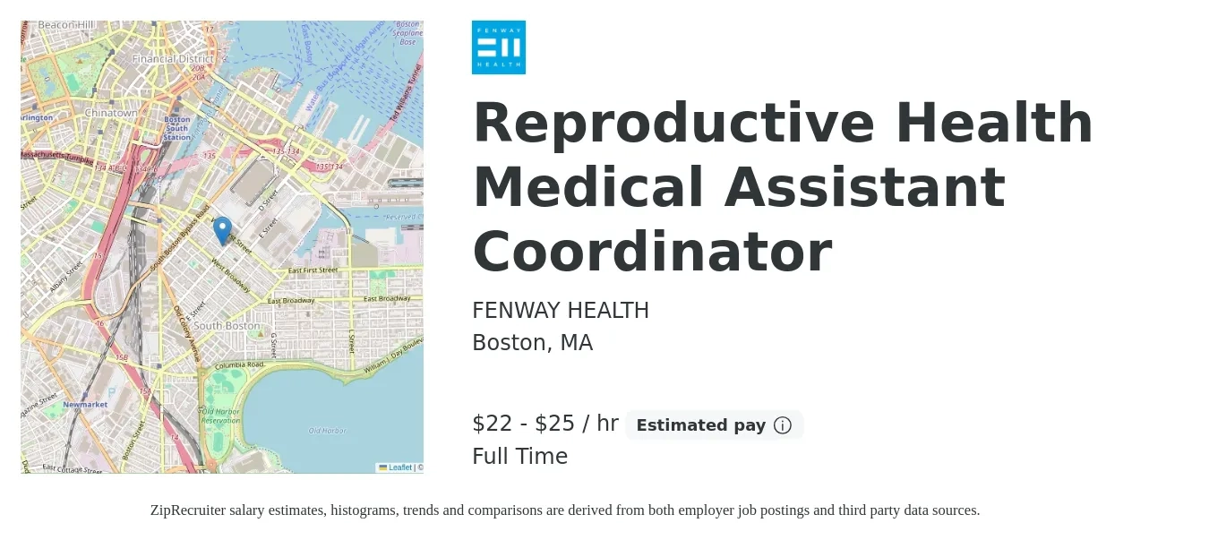 Fenway Health job posting for a Reproductive Health Medical Assistant Coordinator in Boston, MA with a salary of $24 to $26 Hourly with a map of Boston location.