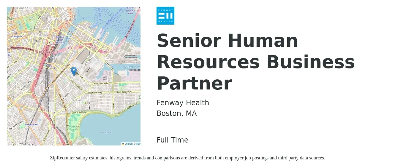 Fenway Health job posting for a Senior Human Resources Business Partner in Boston, MA with a salary of $99,800 to $124,800 Yearly with a map of Boston location.