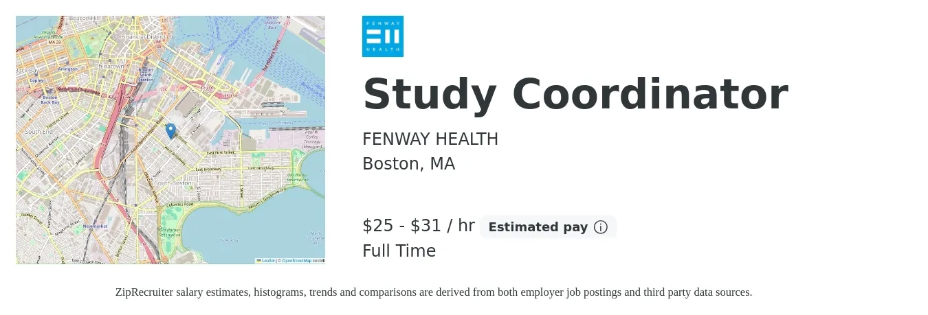 Fenway Health job posting for a Study Coordinator in Boston, MA with a salary of $26 to $33 Hourly with a map of Boston location.