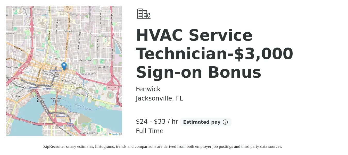 Fenwick job posting for a HVAC Service Technician-$3,000 Sign-on Bonus in Jacksonville, FL with a salary of $25 to $35 Hourly with a map of Jacksonville location.