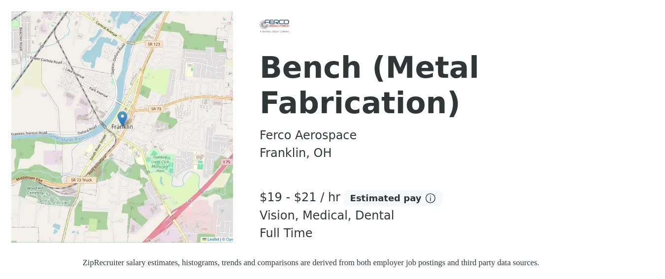 Ferco Aerospace job posting for a Bench (Metal Fabrication) in Franklin, OH with a salary of $20 to $22 Hourly and benefits including dental, life_insurance, medical, retirement, and vision with a map of Franklin location.