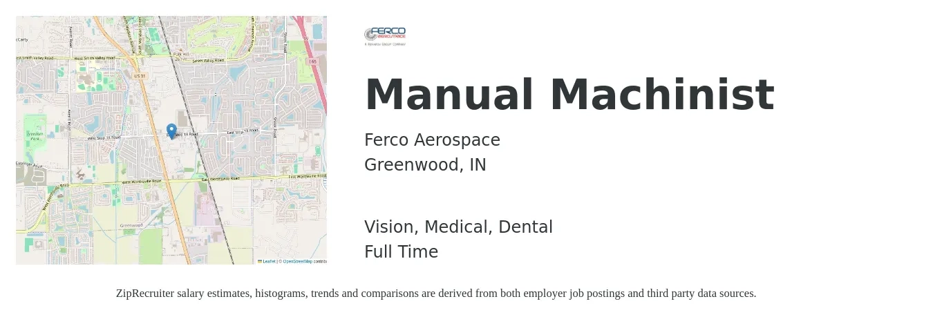 Ferco Aerospace job posting for a Manual Machinist in Greenwood, IN with a salary of $21 Hourly and benefits including vision, dental, life_insurance, medical, and retirement with a map of Greenwood location.