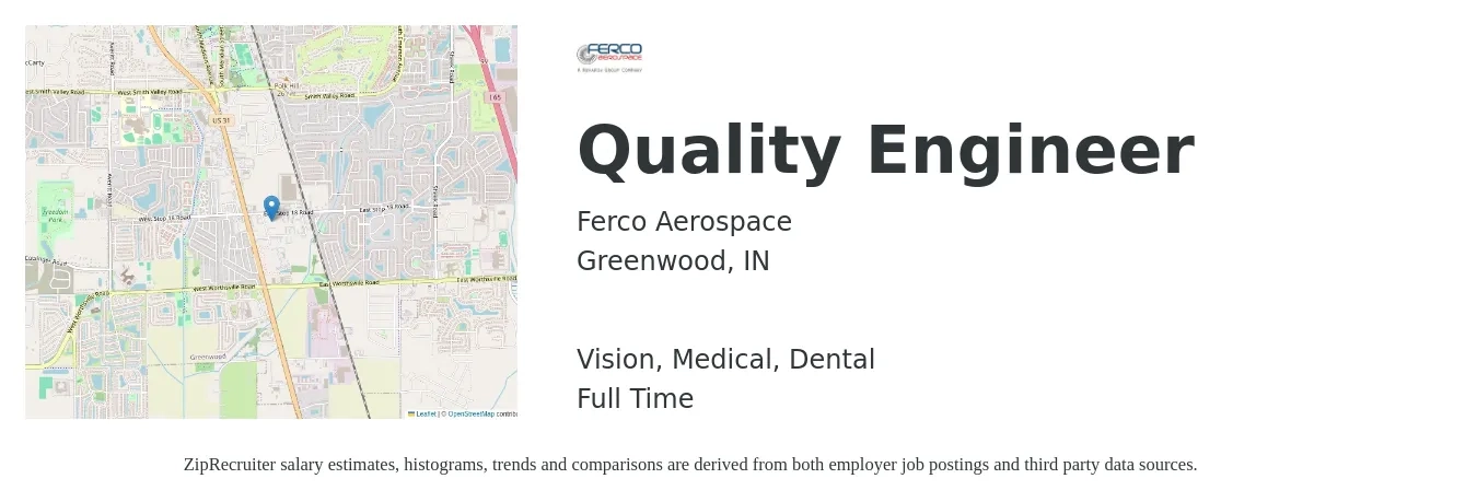 Ferco Aerospace job posting for a Quality Engineer in Greenwood, IN with a salary of $68,300 to $88,300 Yearly and benefits including dental, life_insurance, medical, pto, retirement, and vision with a map of Greenwood location.
