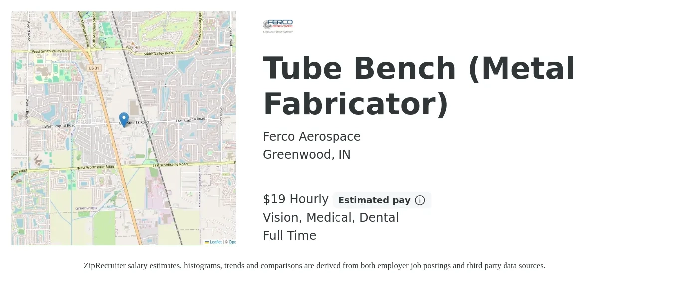Ferco Aerospace job posting for a Tube Bench (Metal Fabricator) in Greenwood, IN with a salary of $20 Hourly and benefits including dental, life_insurance, medical, pto, retirement, and vision with a map of Greenwood location.