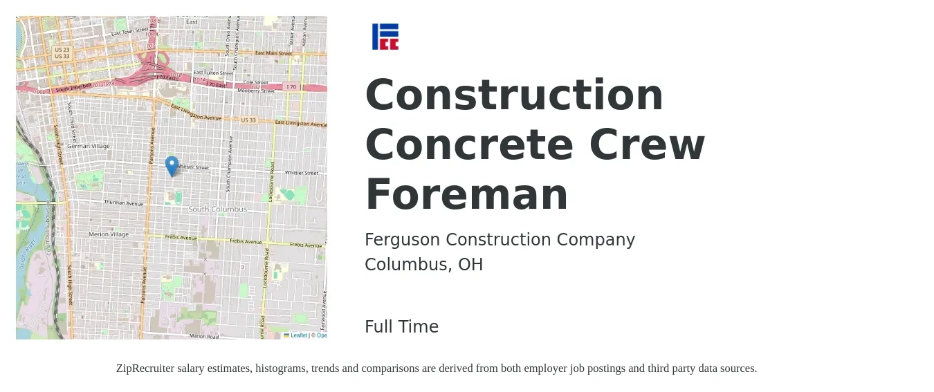 Ferguson Construction Company job posting for a Construction Concrete Crew Foreman in Columbus, OH with a salary of $27 to $40 Hourly with a map of Columbus location.