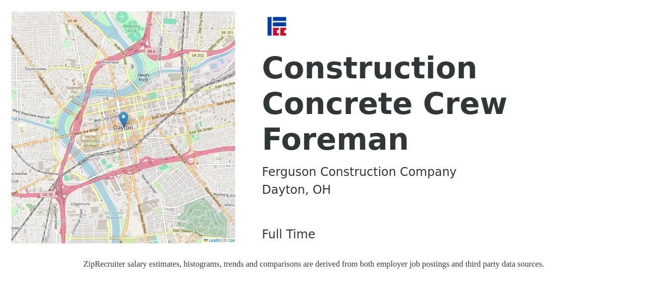 Ferguson Construction Company job posting for a Construction Concrete Crew Foreman in Dayton, OH with a salary of $29 to $43 Hourly with a map of Dayton location.