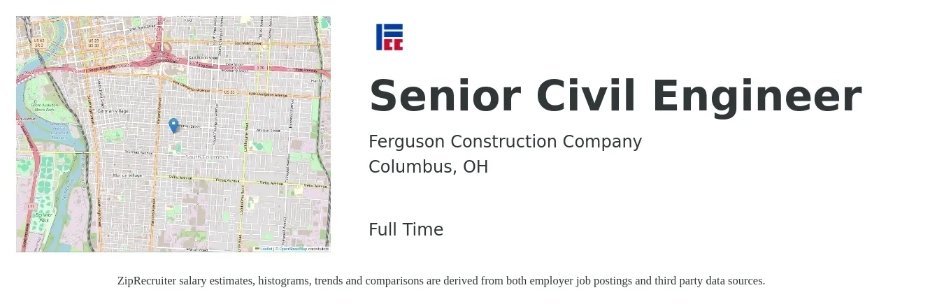 Ferguson Construction Company job posting for a Senior Civil Engineer in Columbus, OH with a salary of $78,300 to $116,600 Yearly with a map of Columbus location.