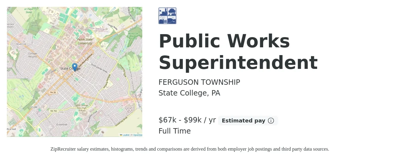 FERGUSON TOWNSHIP job posting for a Public Works Superintendent in State College, PA with a salary of $67,496 to $99,462 Yearly with a map of State College location.