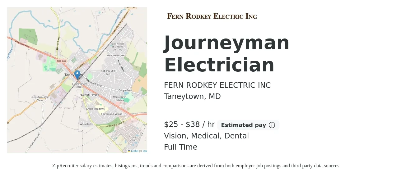 FERN RODKEY ELECTRIC INC job posting for a Journeyman Electrician in Taneytown, MD with a salary of $27 to $40 Hourly and benefits including medical, pto, retirement, vision, and dental with a map of Taneytown location.