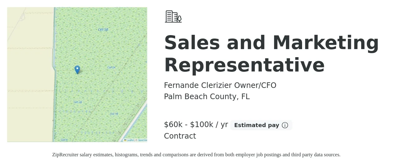 Fernande Clerizier Owner/CFO job posting for a Sales and Marketing Representative in Palm Beach County, FL with a salary of $60,000 to $100,000 Yearly with a map of Palm Beach County location.