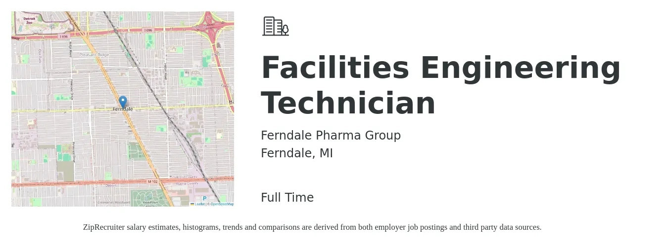 Ferndale Pharma Group job posting for a Facilities Engineering Technician in Ferndale, MI with a salary of $18 to $26 Hourly with a map of Ferndale location.
