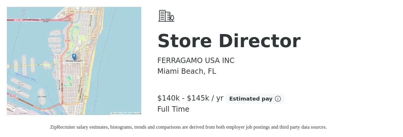 FERRAGAMO USA INC job posting for a Store Director in Miami Beach, FL with a salary of $140,000 to $145,000 Yearly with a map of Miami Beach location.
