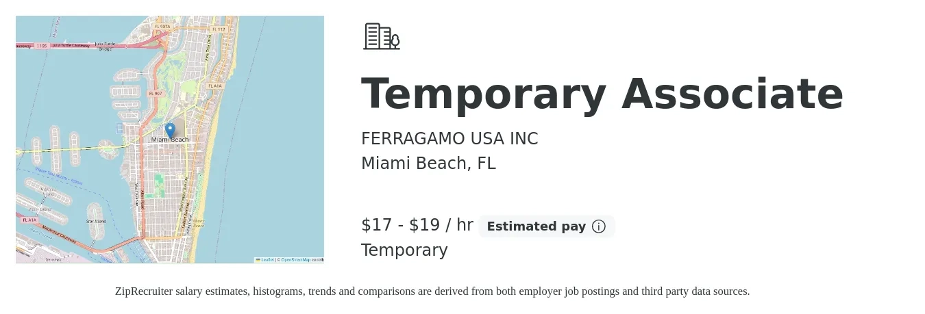 FERRAGAMO USA INC job posting for a Temporary Associate in Miami Beach, FL with a salary of $18 to $20 Hourly with a map of Miami Beach location.