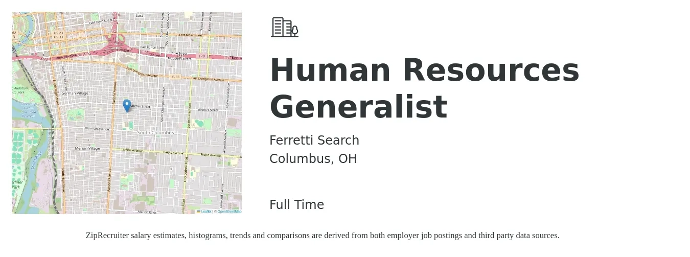 Ferretti Search job posting for a Human Resources Generalist in Columbus, OH with a salary of $50,200 to $71,500 Yearly with a map of Columbus location.