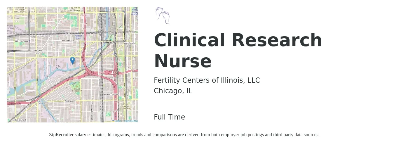 Fertility Centers of Illinois, LLC job posting for a Clinical Research Nurse in Chicago, IL with a salary of $39 to $56 Hourly with a map of Chicago location.