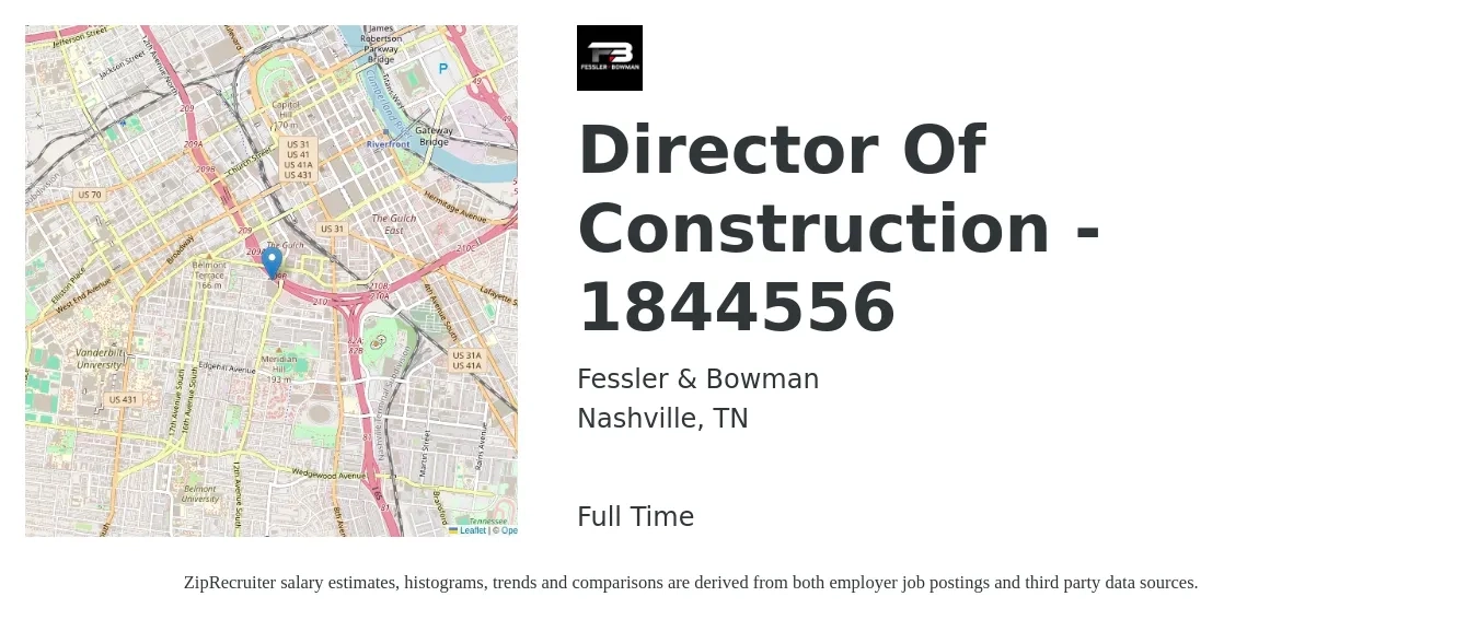 Fessler & Bowman job posting for a Director Of Construction - 1844556 in Nashville, TN with a salary of $102,900 to $155,500 Yearly with a map of Nashville location.