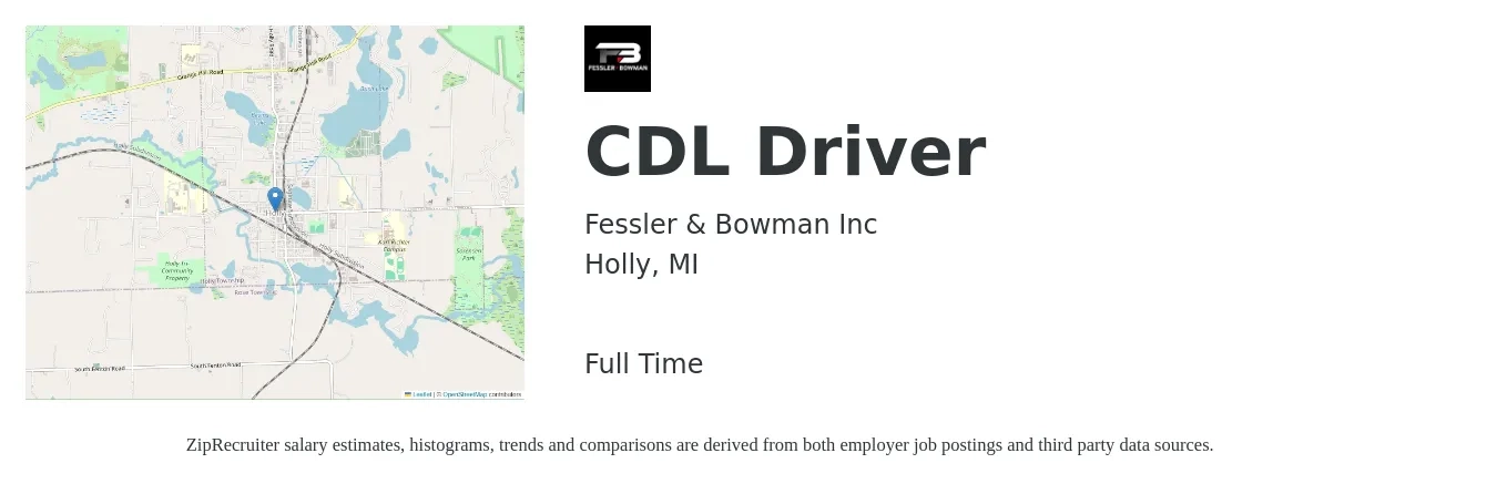 Fessler & Bowman Inc job posting for a CDL Driver in Holly, MI with a salary of $22 to $38 Hourly with a map of Holly location.
