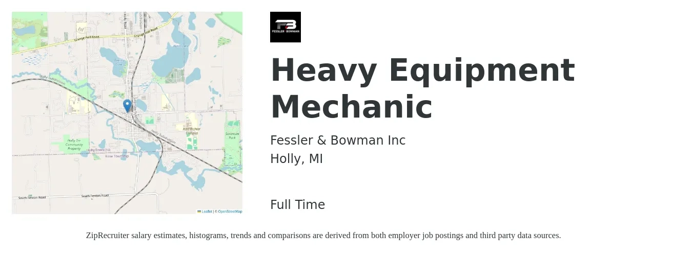 Fessler & Bowman Inc job posting for a Heavy Equipment Mechanic in Holly, MI with a salary of $23 to $30 Hourly with a map of Holly location.
