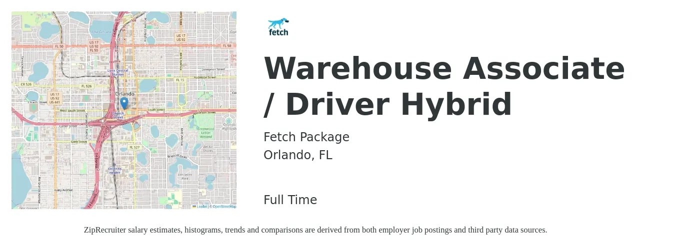 Fetch Package job posting for a Warehouse Associate / Driver Hybrid in Orlando, FL with a salary of $16 to $19 Hourly with a map of Orlando location.
